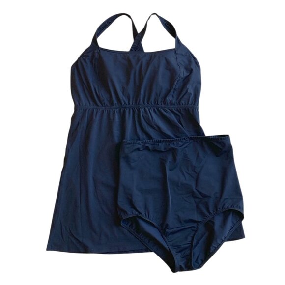 Lands' End Black Two Piece Swim Dress 12DDD Criss Cross Back, High Waist Pant 12 - Picture 1 of 17